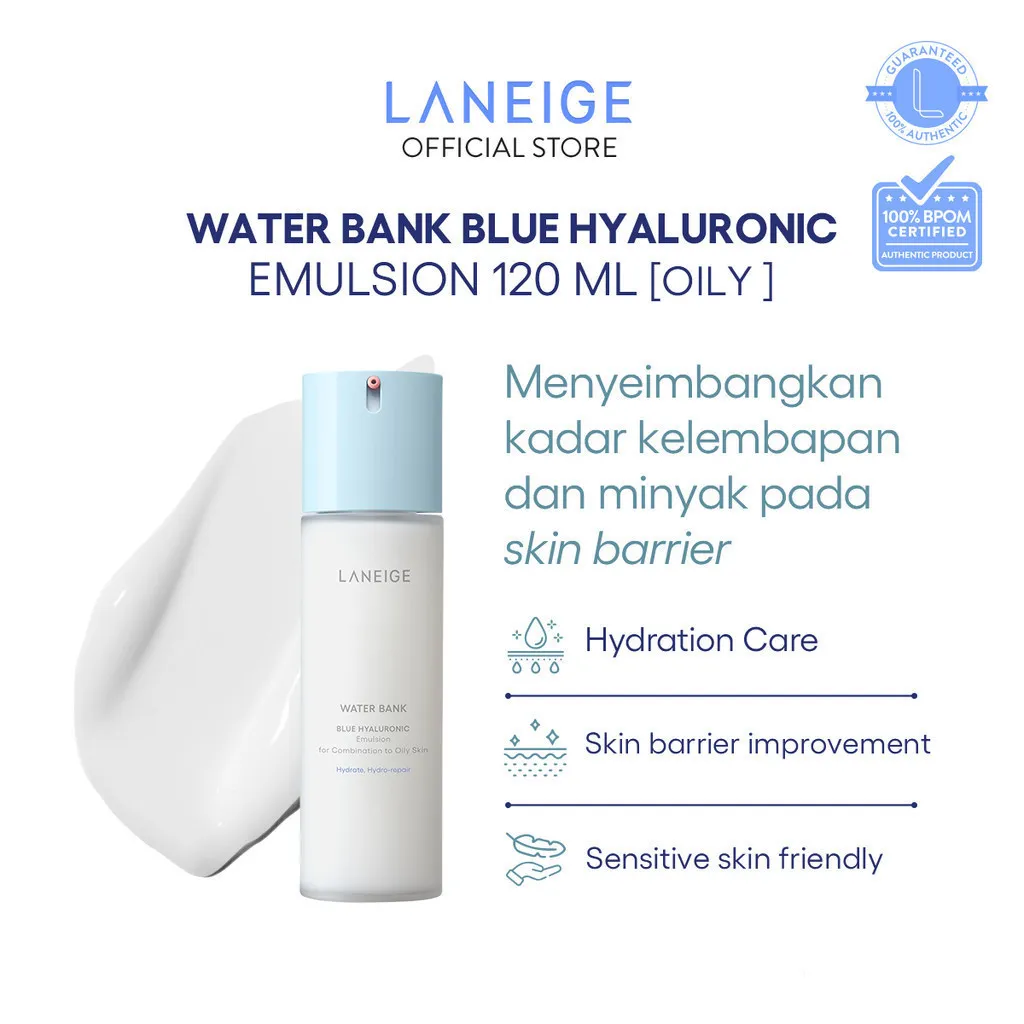 LANEIGE Water Bank Blue Hyaluronic Emulsion Normal to Oily 120 mL - Intensive Hydrating Lotion, Emulsion Wajah, Perawatan Kulit Berminyak