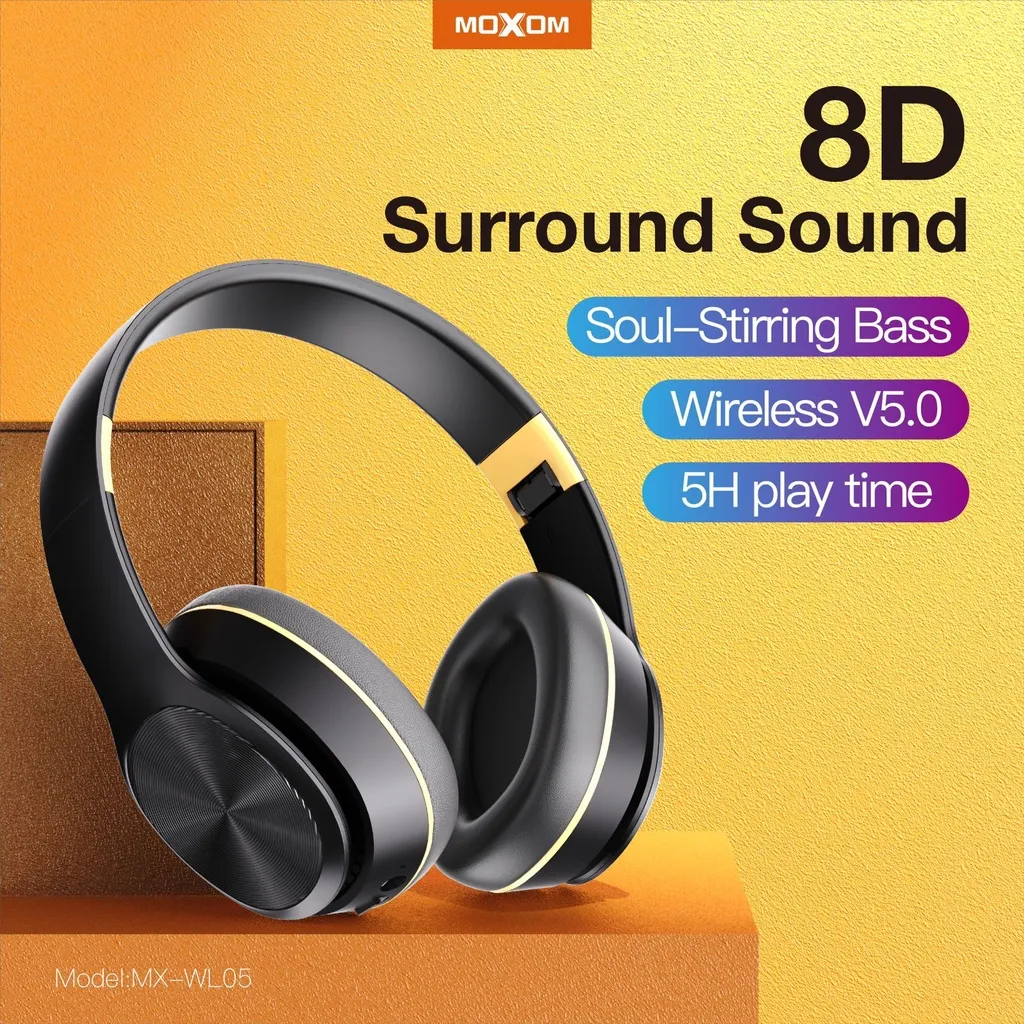 MOXOM Noise Isolating Bass Wireless V5.0 Hi-Fi Super Real Bluetooth Headset 4in1 Stand By 300 Hours MX-WL05