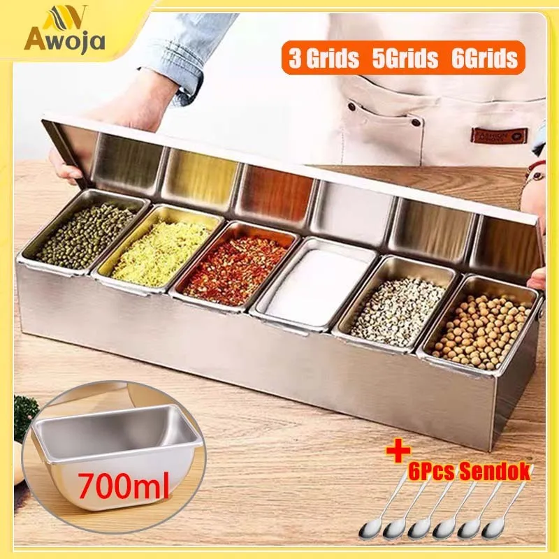 6 in 1 Kotak Bumbu Dapur Stainless Seasoning Box Rempah Spices Condiment Kontainer Serbaguna Wadah Penyimpanan Bumbu Kitchen Stainless Tebal Set 6 Pcs cxw