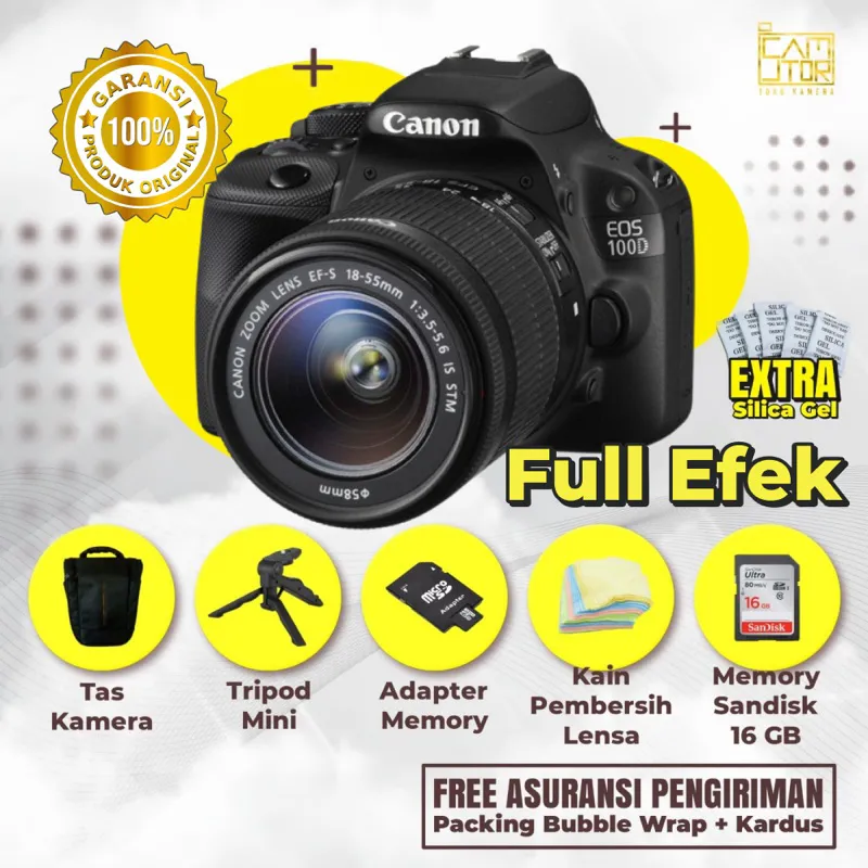 CANON EOS 100D LENSA KIT 18-55MM LAYAR SENTUH + TAS BARU + MEMORY BARU + TRIPOD MINI DAN BONUS LAIN LAIN