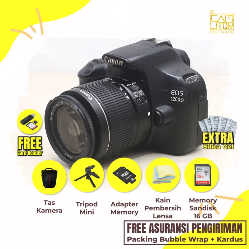 CANON EOS 1200D + LENSA KIT + MEMORY 16GB + TRIPOD + TAS BARU + FULL EFEK