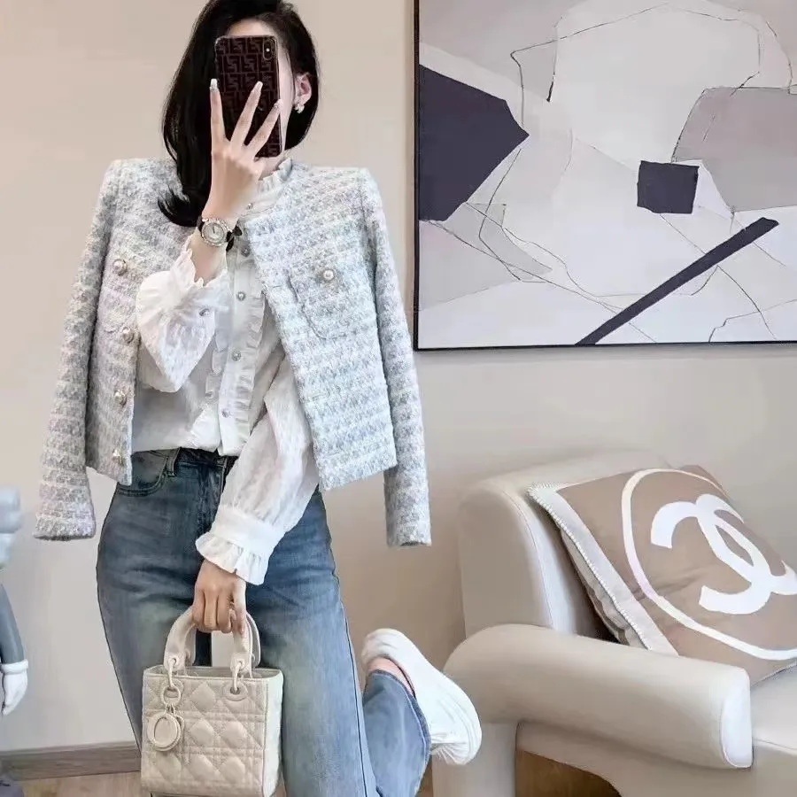 Blazer Biru Tweed Blazer Wanita Crop Top Korean Style M601