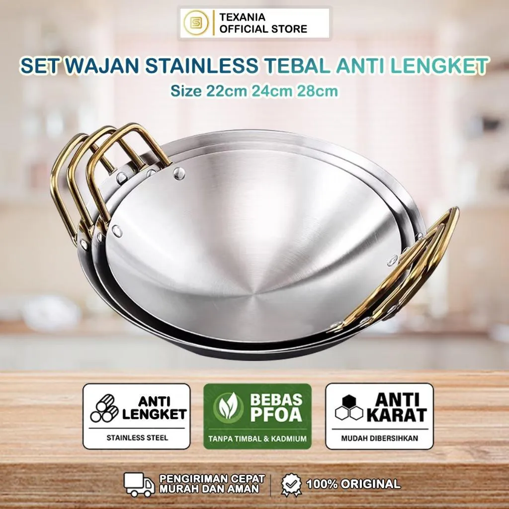 [4.4 SALE] Texania Wajan Kuali Stainless Tebal Anti Lengket Mudah Dibersihkan Tahan Lama - Wajan Resto - Wajan Hotel - 3 Ukuran 22cm 24cm 28cm Kitchenware