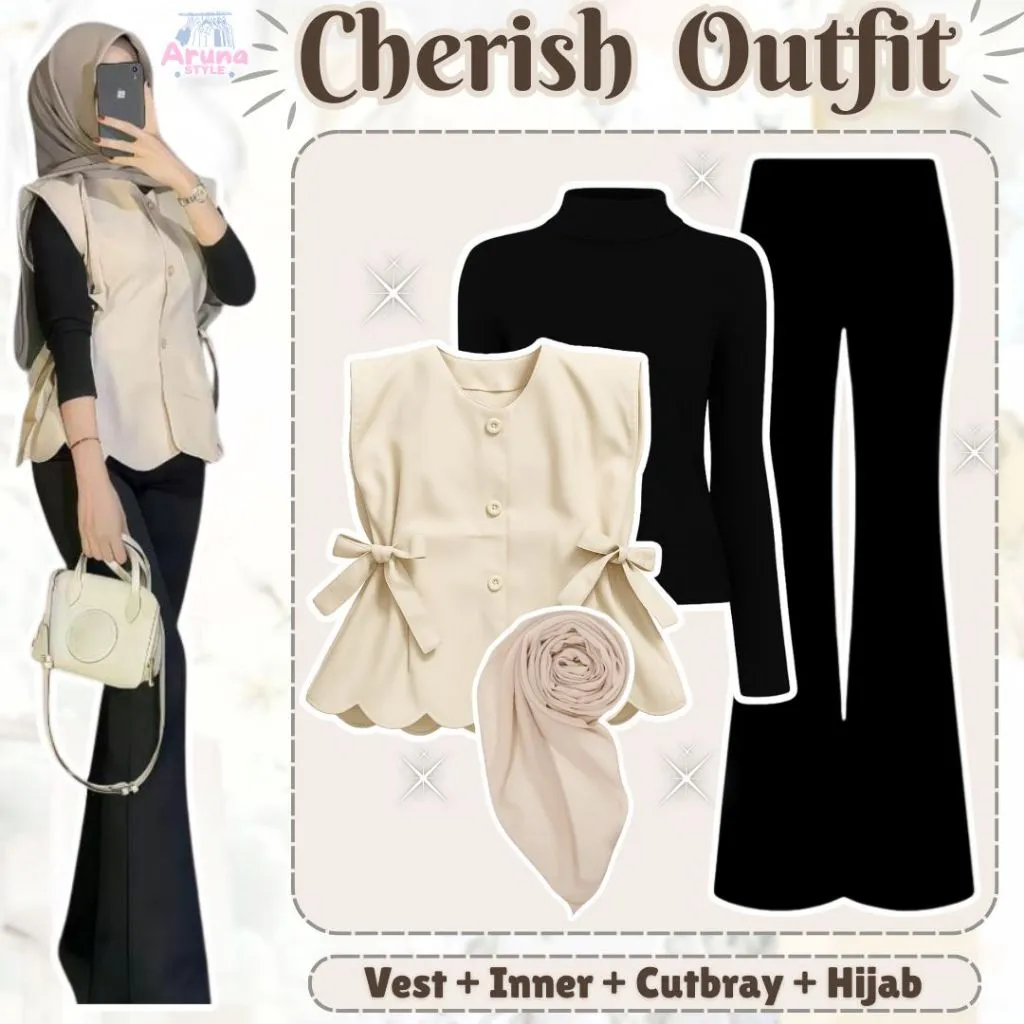 Setelan Lebaran Terbaru 4in1 Set Remaja Kekinian Outfit Bukber Wanita Hijab (Vest Cherish Semiwool Viral, Inner, Kemeja Katun Nyaman, Cutbray Scuba Premium, Bella Square Pollycotton) One Set Hari Raya Cewek Hangout Masa Kini Elegant Stylish AS4V