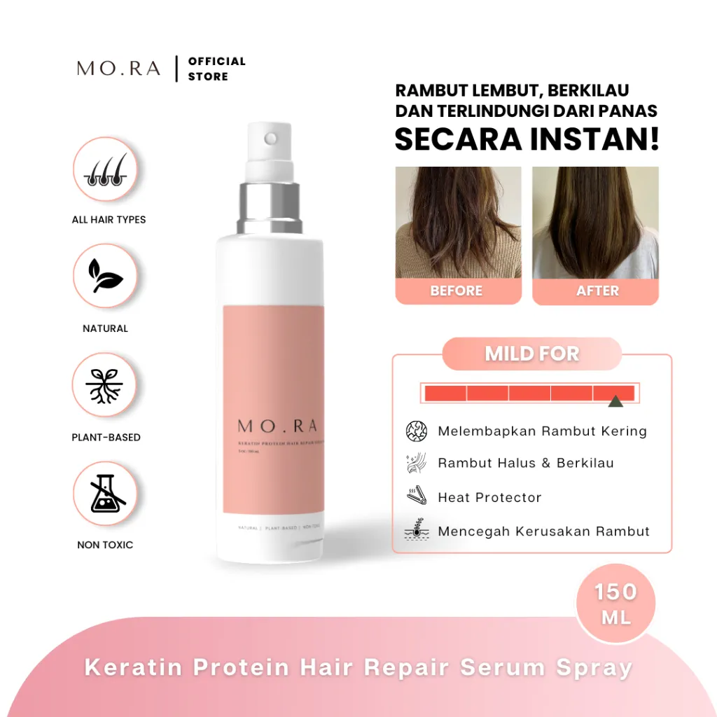 (MO.RA / MORA) KERATIN PROTEIN HAIR REPAIR SERUM SPRAY 150ML / LEAVE IN CONDITIONER SPRAY / HAIR MIST /SERUM RAMBUT / HEAT PROTECTAN / KERING / KUSUT & KUSAM / SULIT DIATUR / RUSAK / MO RA ESSENTIALS / MO.RA / MO.RA HAIR OIL / MORA OFFICIAL STORE