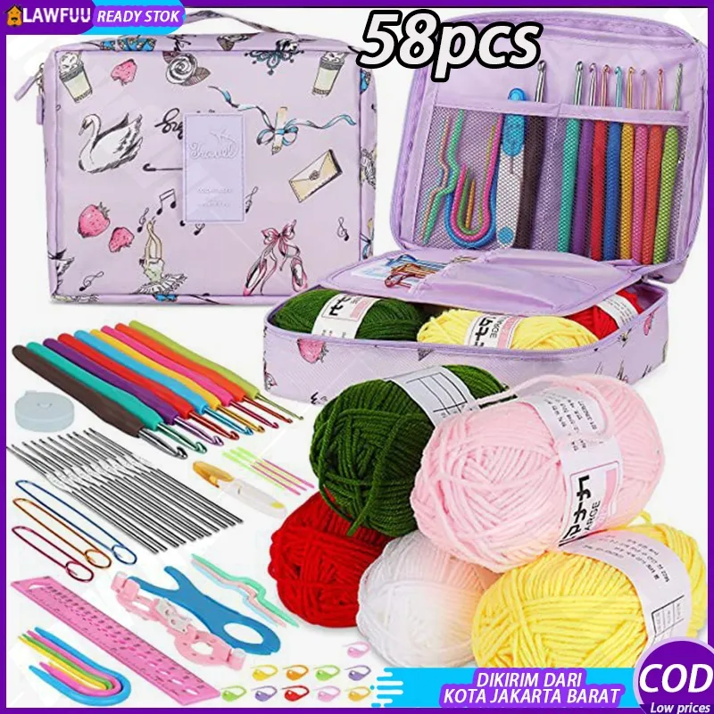DIY Jarum Rajut Set 58pcs Pemula Lengkap Rajut Kit Set Pemula Alat rajut portabel Menjahit Kasing Penyelenggara Pengatur Pembagi Jaring Tas