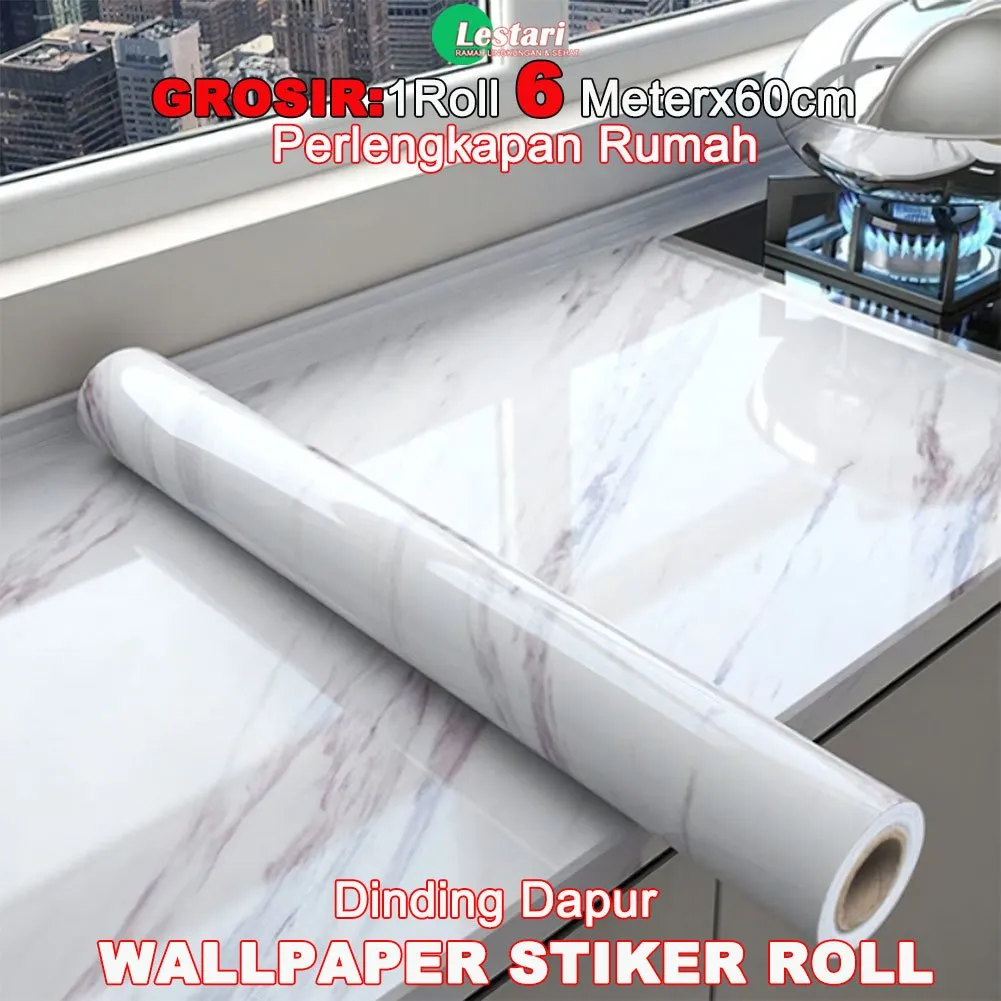 [PROMO 60CMx6M] Wallpaper Dinding Dapur Stiker Kamar Mandi Anti Air Anti Minyak Perekat Kuat Motif Marmer Glossy Perlengkapan Rumah Ruang Dapur Tahan Panas Meja Makan