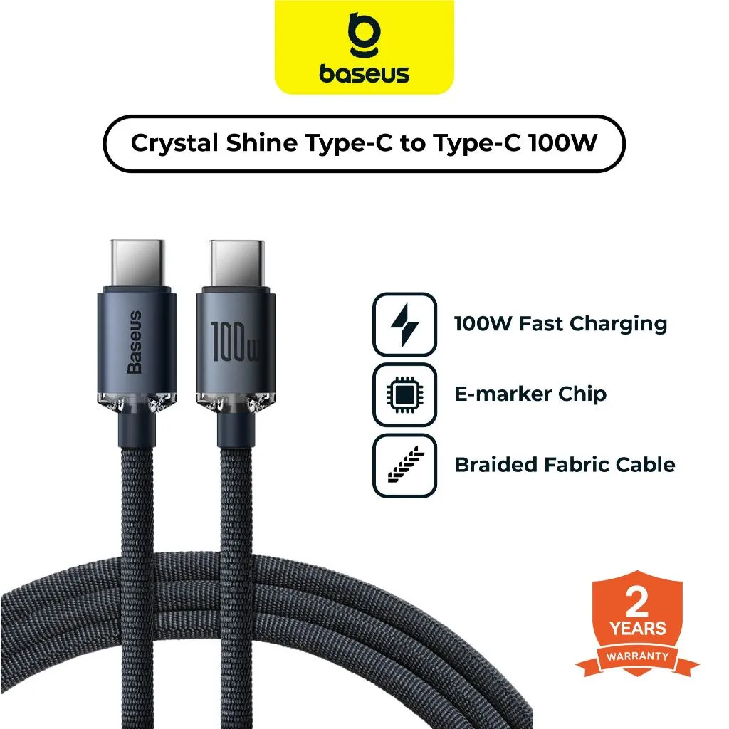 BASEUS Kabel Data Crystal Shine Type C to C 100W Fast Charging For Android dan iPhone 15/16/17