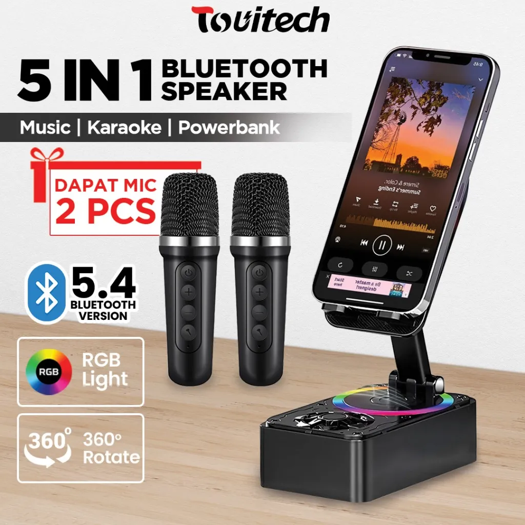 TOUITECH 5IN1 Speaker Bluetooth PowerBank Phone Holder Stereo Mic Karaoke Portable BMS18
