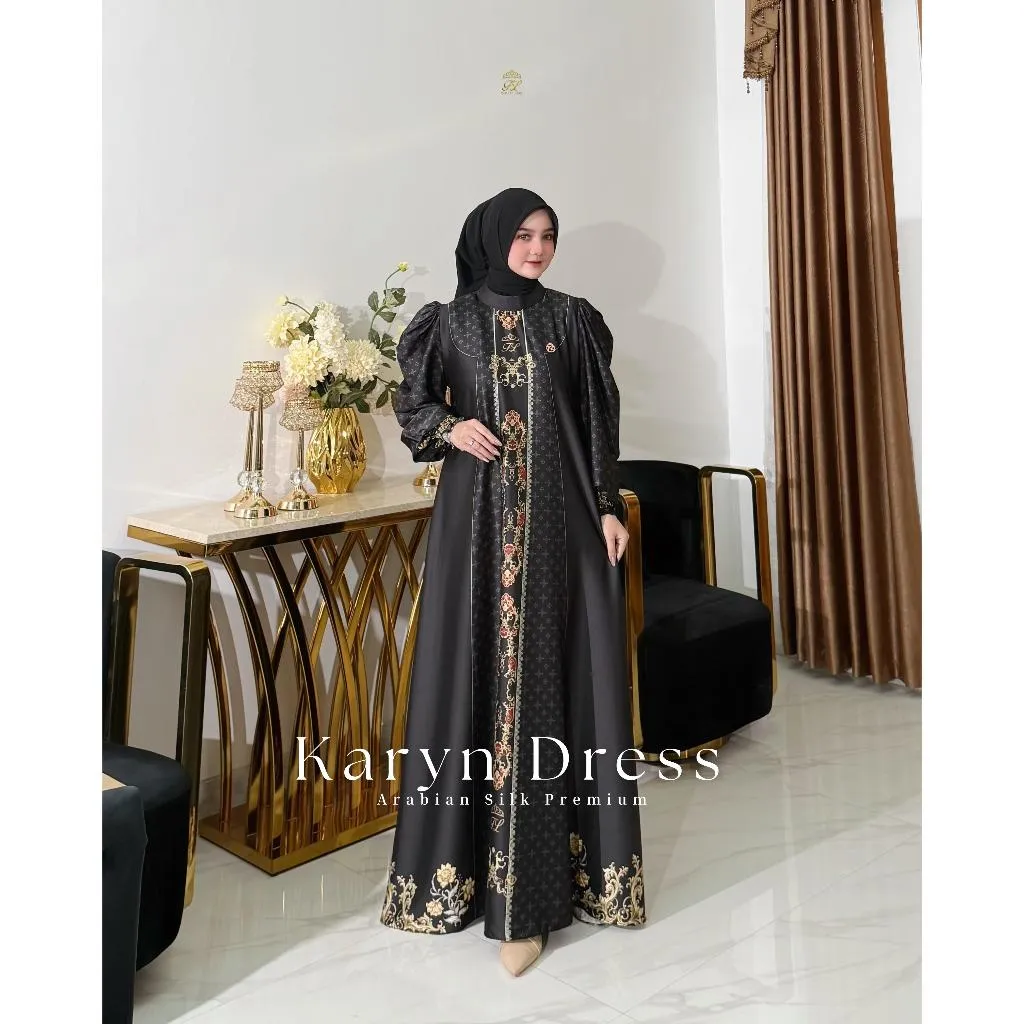 Faraz Label - KARYN DRESS (TANPA HIJAB) Busana Muslim Wanita Dress Armany Arabian Silk Printing Sultan Gamis Silk Mewah Tren Lebaran 2026