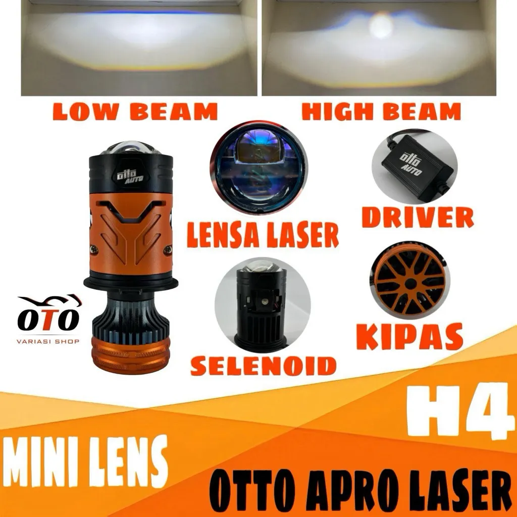LAMPU MINI LENS OTTO AUTO APRO LASER H4 PREMIUM 80W SELENOID HI LOW BEAM CUT OFF FLAT PEMASANGAN PLUG AND PLAY