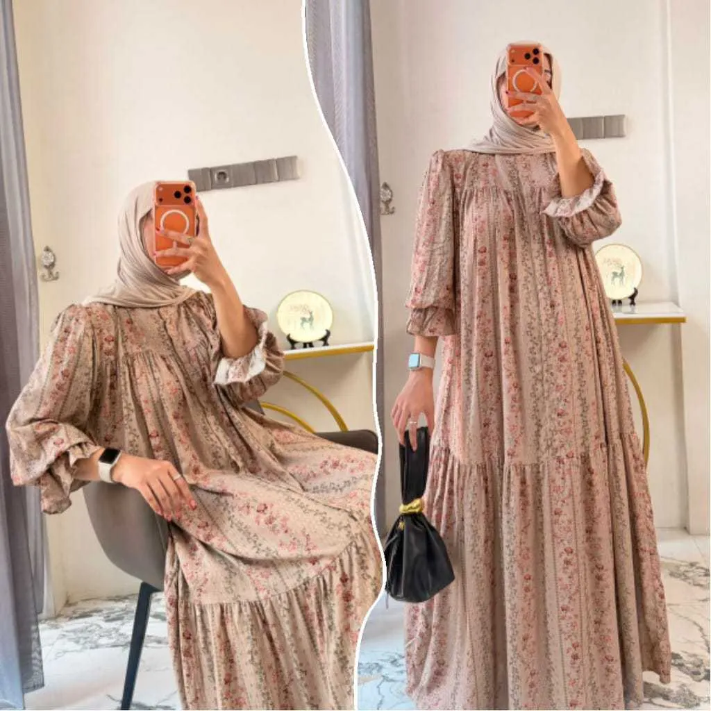 Leony Dress Rayon Gamis Rayon busui Gamis motif Terbaru Lengan Lonceng Gamis Jumbo