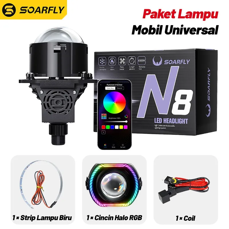 [COD] SOARFLY Biled Projector 2.5 Inch Lampu depan mobil N8 60 Watt Kipas Pendingin Paket Complit