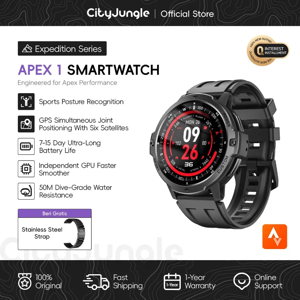 [Paket Tali Jam]Cityjungle Apex 1 Smartwatch GPS 1.46 Inch Layar HD | Performa Lancar & Responsif dengan GPU Mandiri | Tahan Air 3ATM | Fitur Kompas, Tekanan Udara, Olahraga & Kesehatan | Bluetooth 5.3 | Jam Tangan Pria Wanita | Dukungan Strava