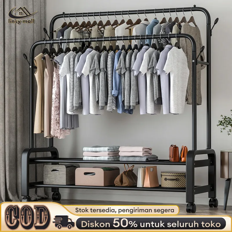 Stand Hanger Double Rak Gantungan Baju Berdiri Besi Kuat Rak Baju Gantung Minimalis 150cm