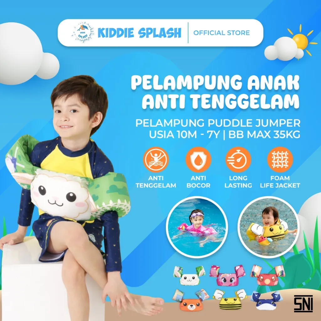 KIDDIE SPLASH - Puddle Jumper Pelampung Renang Anak Anti Terbalik & Bocor - Aman & Stabil untuk Anak 10 Bulan-7 Tahun