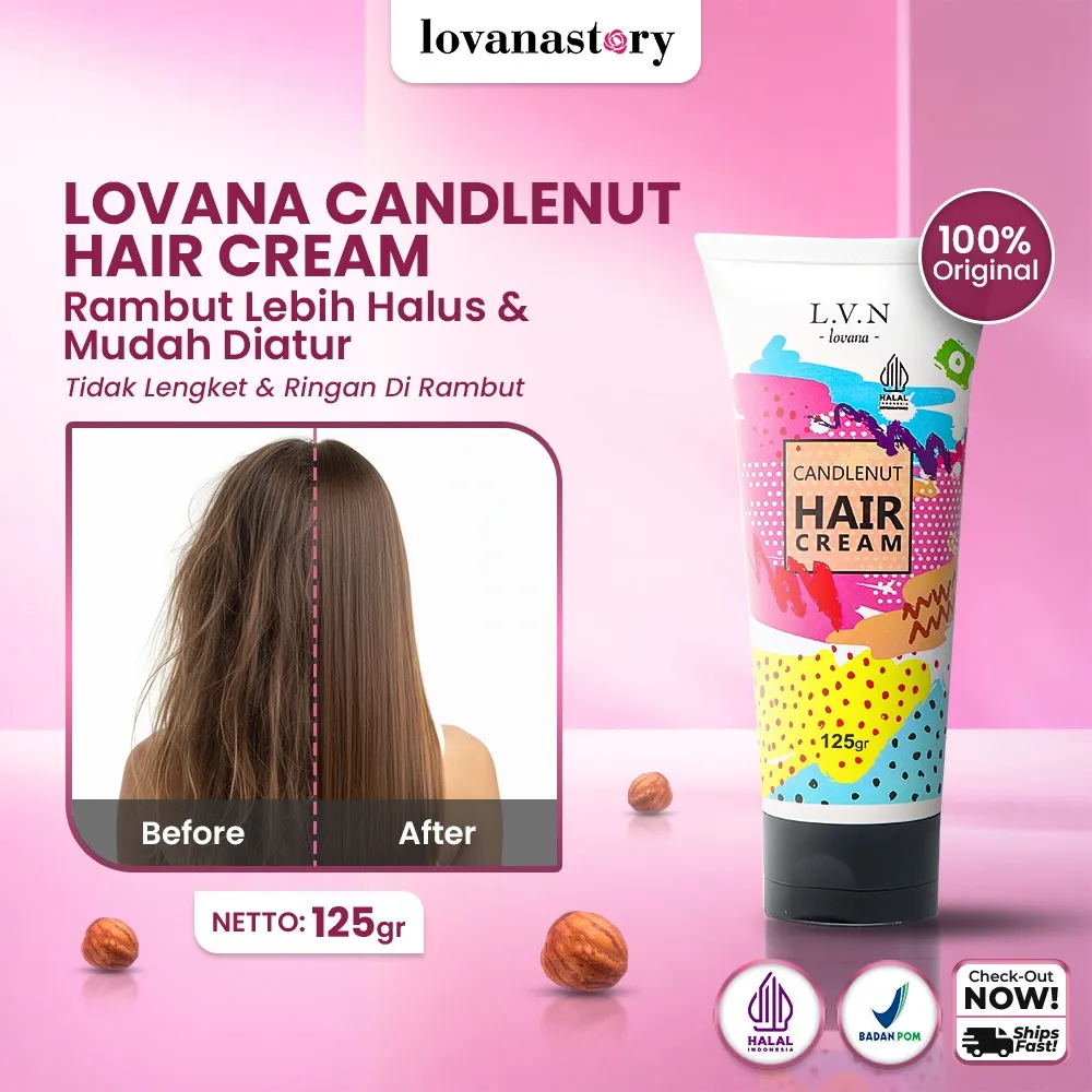 Lovana Hair Cream Candlenut 125ml | Leave-In Conditioner & Perawatan Rambut Kering, Rusak, dan Keriting | Hair Nutrition Cream Tanpa Bilas | Melembutkan & Menguatkan Rambut
