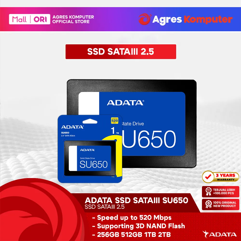 ADATA SSD 2.5 SATAIII 256GB 512GB SU650 3Y - UP TO 520 MB/S