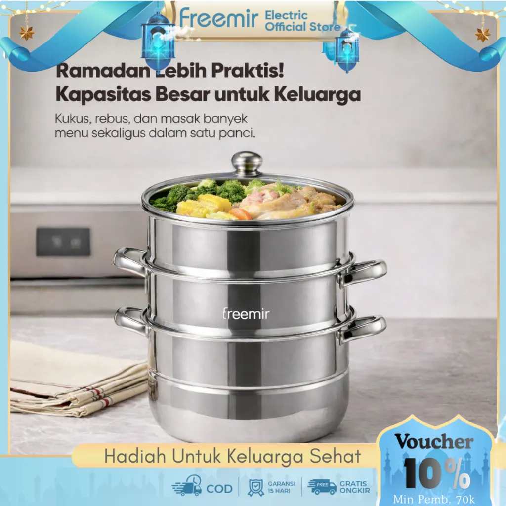 [SALE] freemir electric Langseng Stainless Steel Kukus Dimsum Tutup Kaca Tingkat 100% Garansi