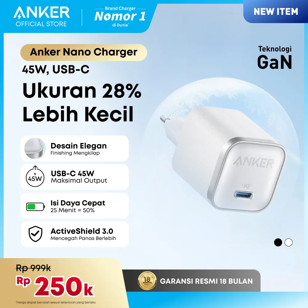 Anker GaN Nano Charger 45W Type C Fast Charging, Compact USB-C Fast Charger Adaptor Wall Charger For Samsung iPhone - A2692