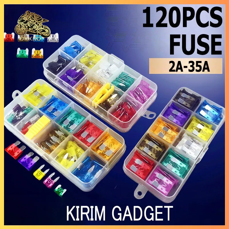 120pcs Sekring Tusuk Tancap Kecil Fuse Kotak Sekring Mobil Motor Auto 2A-35A 10 Spesifikasi