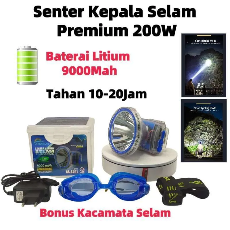Senter Kepala Selam 200W White Laser Led Super Terang Tahan Lama / Senter Kepala Led Selam / Lampu Kepala Selam 200W AMASON