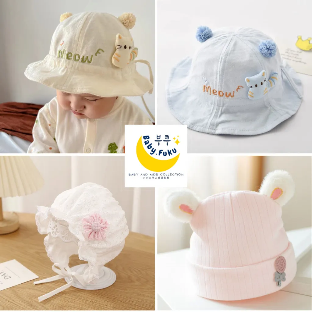 Baby.Fuku Topi Kupluk Renda Motif Neko Topi Kupluk Motif Kucing Topi Bucket Anak