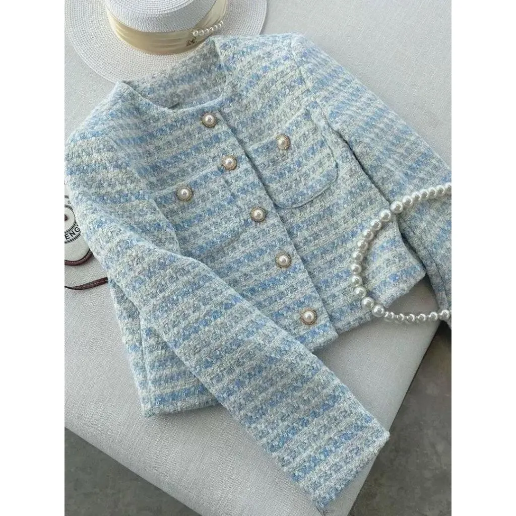 EMITA BLOOM spring outer biru kondangan wanita kekinian lengan panjang korean style lebaran 2026 tweed blazer batik wanita premium elegant blue coat for women formal attire summer long sleeve coat plus size korean elegant coat classy