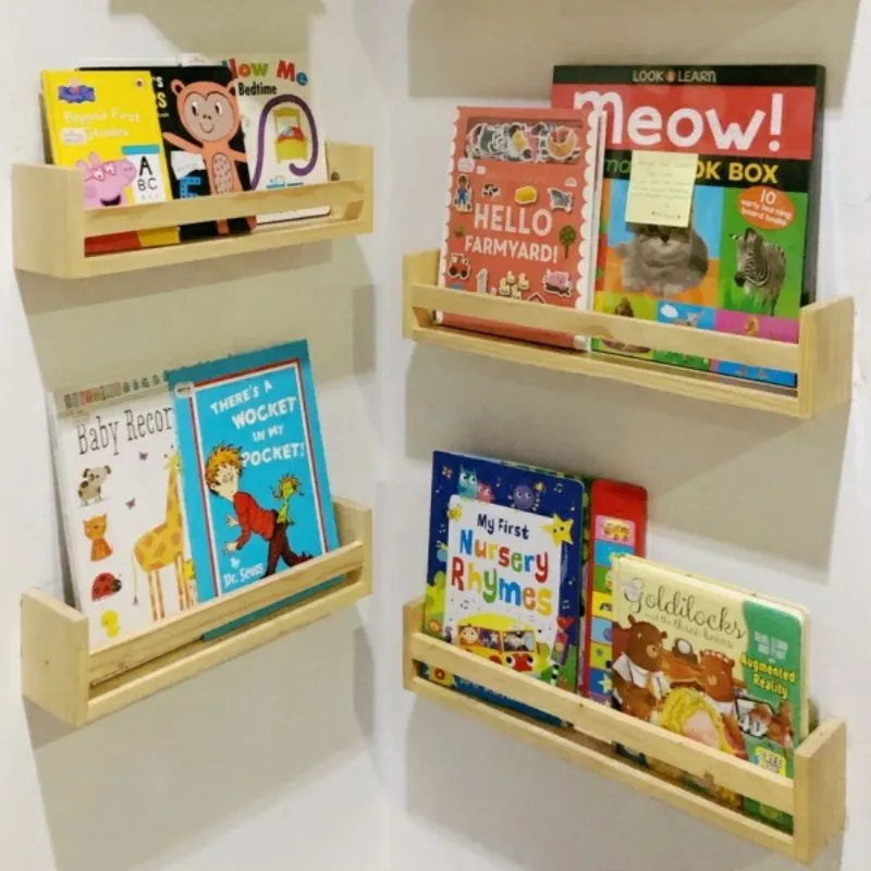 Rak buku minimalis kayu jati Belanda tempel dinding tembok ruang belajar kamar anak