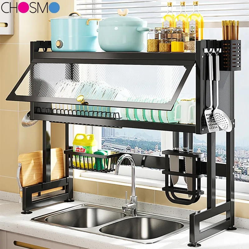 Rak Piring Wastafel Dapur Stainless Steel Multi-fungsi Dengan Penutup
