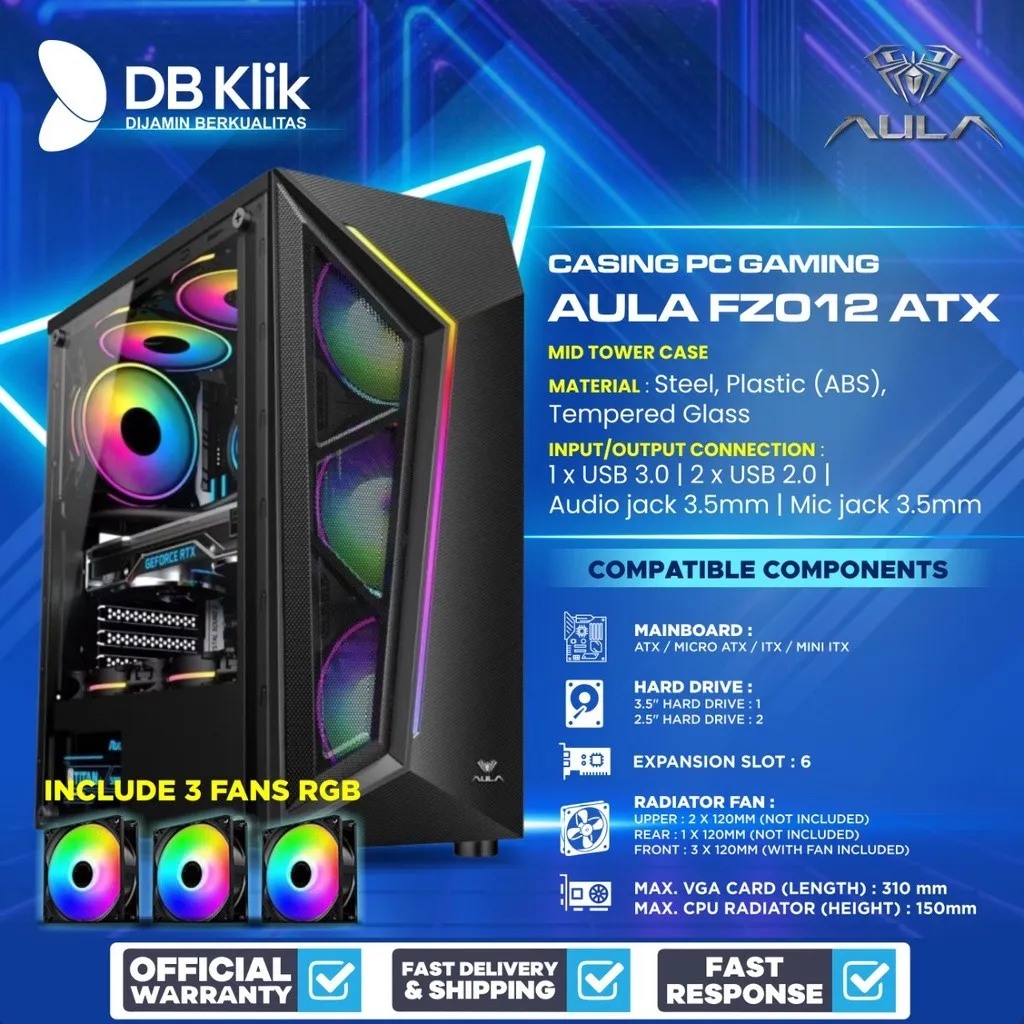 Aula Casing Pc Gaming Fz012 Atx Include 3 Fan Rgb - Casing Fz 012