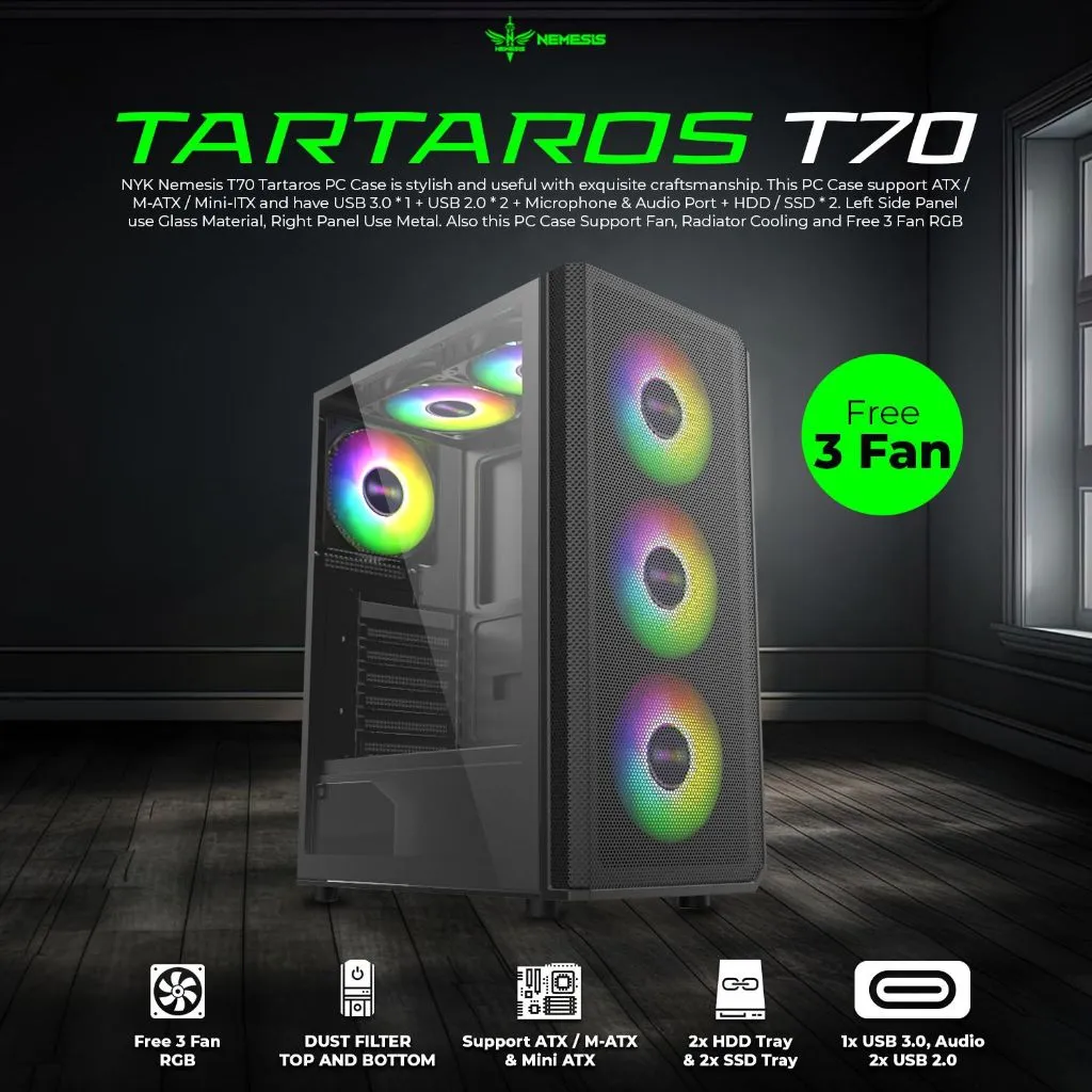 NYK Casing PC Gaming Tartaros T70 ATX Free 3Fan RGB