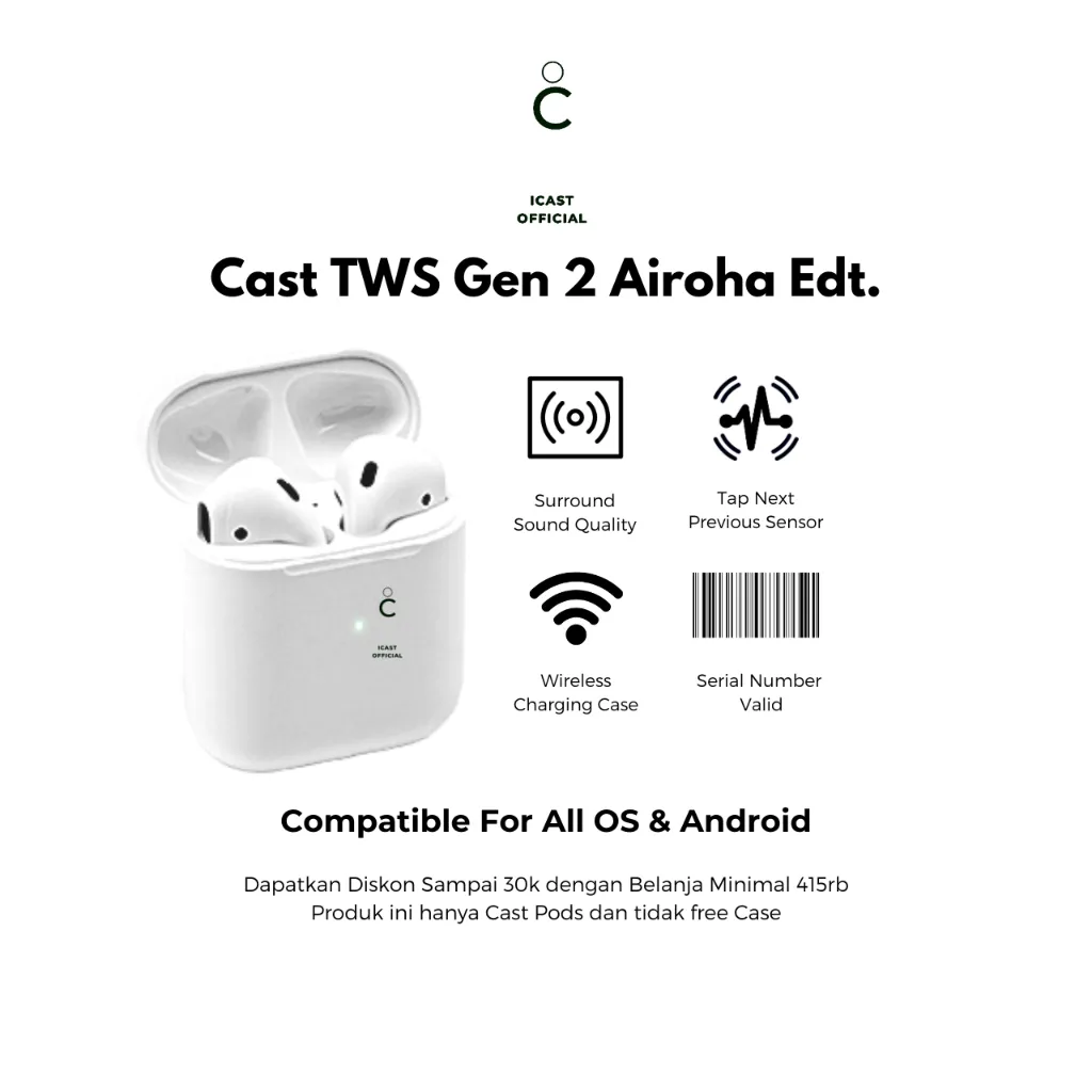 iCast TWS 2 Airoha Edition Wireless Charging Case (IMEI & Serial Number Detectable) By iCast Official