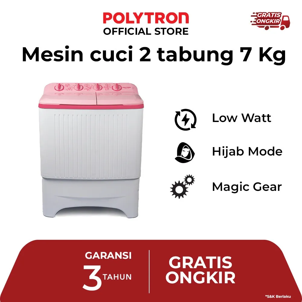 POLYTRON Mesin Cuci 2 Tabung Giant Series  7 KG - PWM 7073P