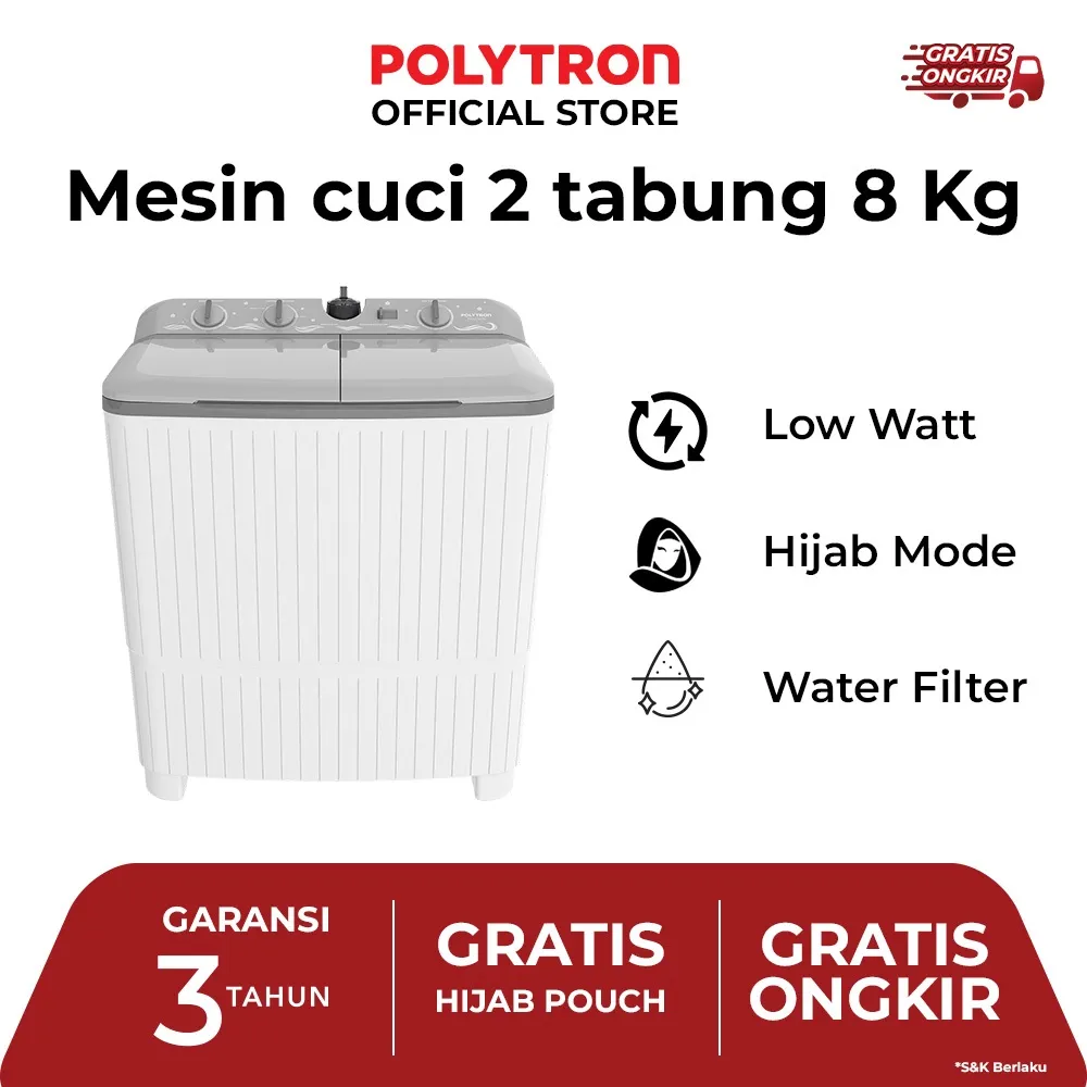 POLYTRON Mesin Cuci 2 Tabung Giant Series Hijab 8 KG - PWM 8076Y
