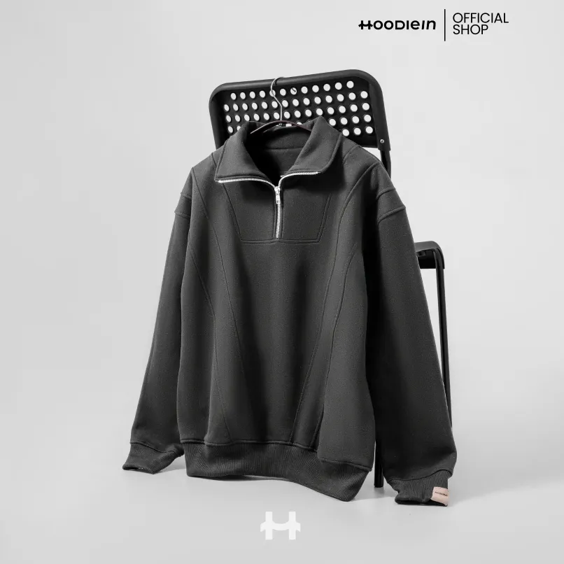 Hoodie.In Half Zipper Cotton/Katun Regular Boxy - Dark Grey UNISEX (Pria/Wanita)