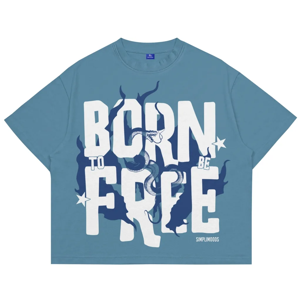 Simplimoods 24s Kaos Boxy Fit Oversize Born Free Mineral Blue Katun Streetwear Printing Unisex