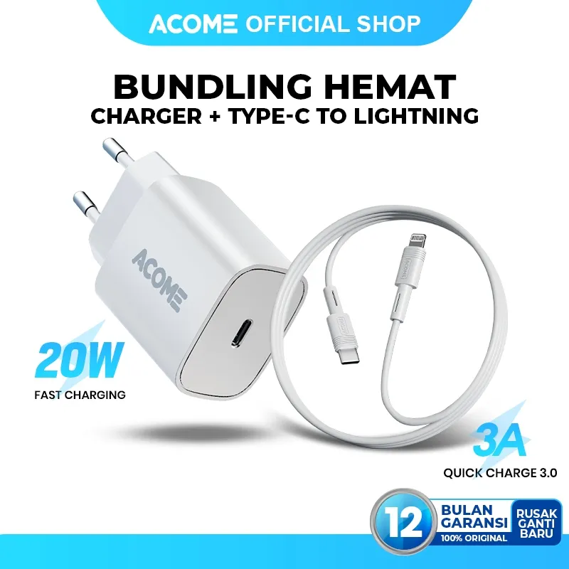 ACOME Bundling Hemat Charger 20W PD USB-C (AC07) + Kabel Data Type-C / Lightning Fast Charging (AD-C Series) Original - Garansi 1 Tahun