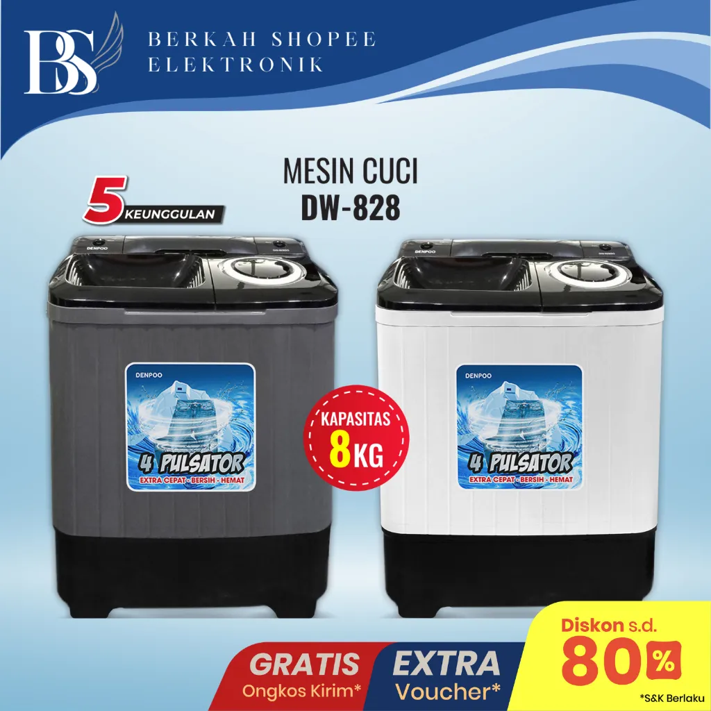 MESIN CUCI DENPO DW 828 4P & DW 8907 1P KAPASITAS 8KG 2 TABUNG DENGAN PAPAN PENGGILAS