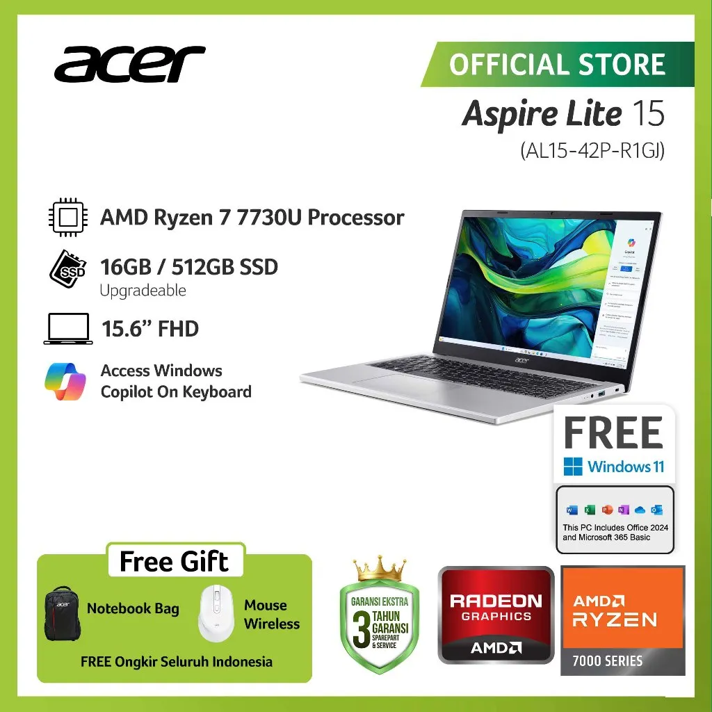 (BEST SELLER FREE WIRELESS MOUSE) ACER LAPTOP ASPIRE LITE 15 AL15-42P-R1GJ 15.6" FHD AMD RYZEN 7 7730U RAM 16GB STORAGE 512GB SSD AMD RADEON GRAPHICS WINDOWS 11