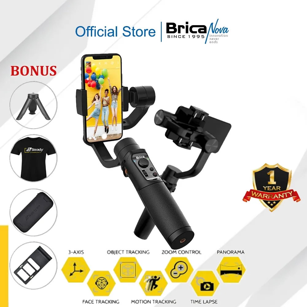 Brica B-Steady Stabilizer - AI Tracking Pelacakan Wajah - 3 Axis Gimbal Handphone & Kamera Free Bonus - Gimbal HP iPhone Android Tongsis Tripod Bluetooth - BSteady Q BSteady eQ BSteady 2 Pocket Lite BSteady PRO BSteady ULTIMATE - MULTIMATE BSteady Series