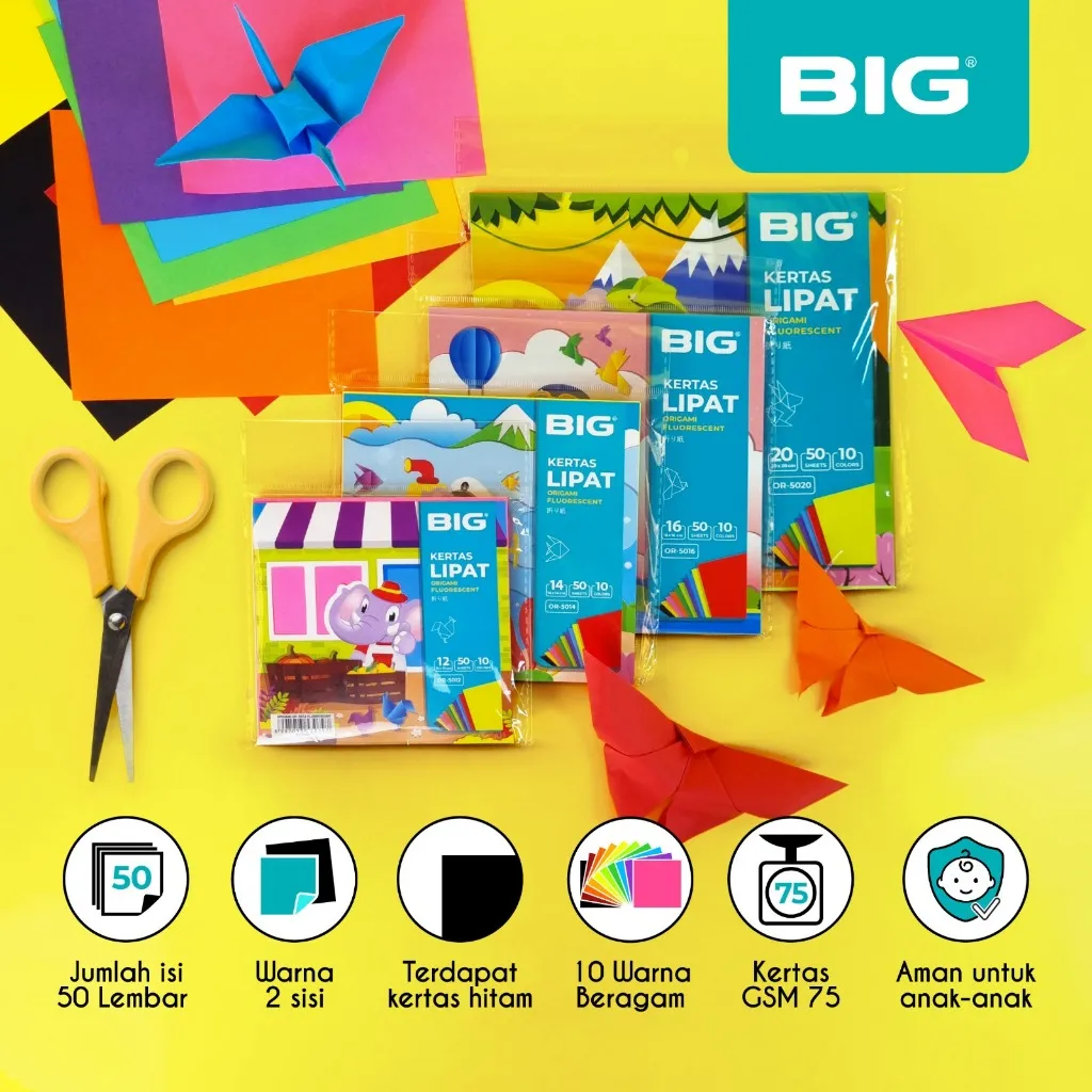 BIG Kertas Lipat Origami 10 Warna Cerah 2 Sisi Isi 50 Lembar Aman untuk Anak