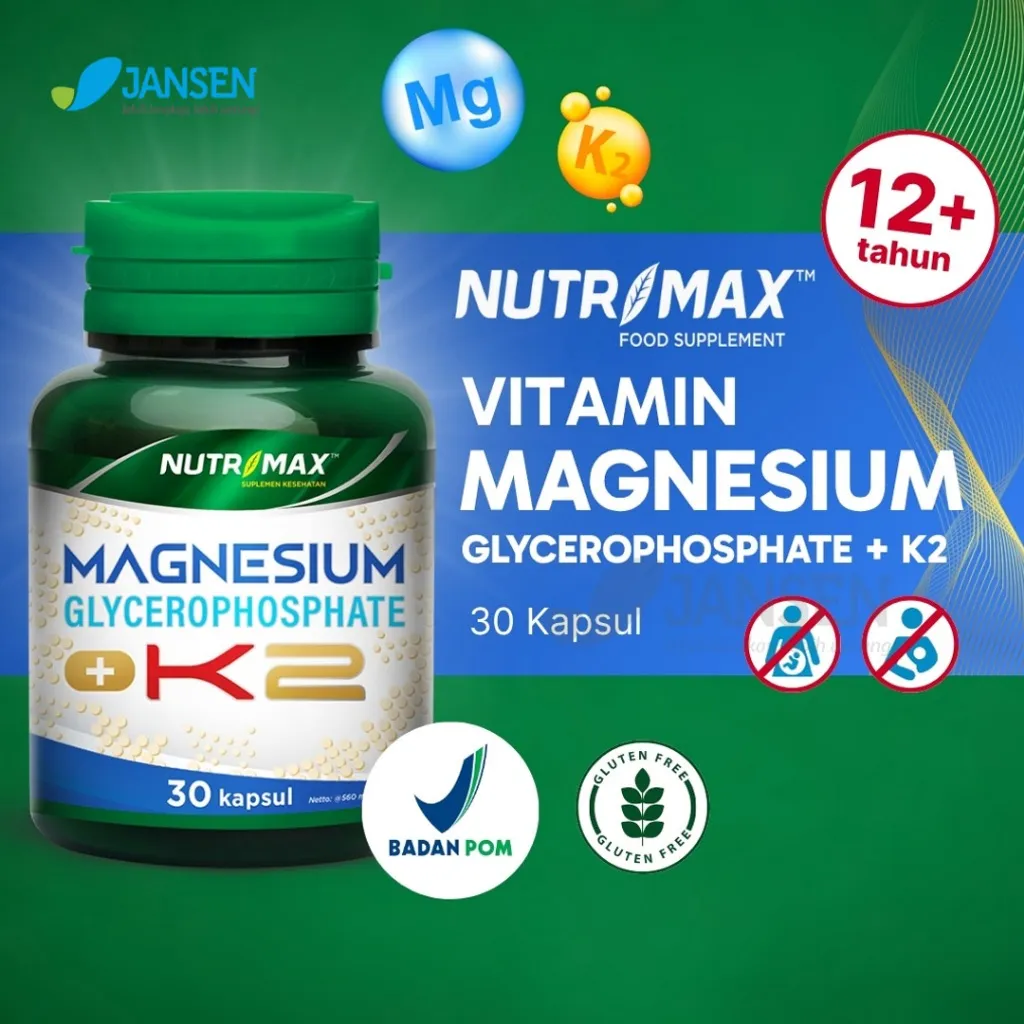 Nutrimax Vitamin Magnesium Glycerophosphate + K2 - isi 30 kapsul - Mengandung Givomag Menjaga Kesehatan Jantung - Mengurangi Stres dan Memperbaiki Kualitas Tidur - Mencegah Osteopororsis