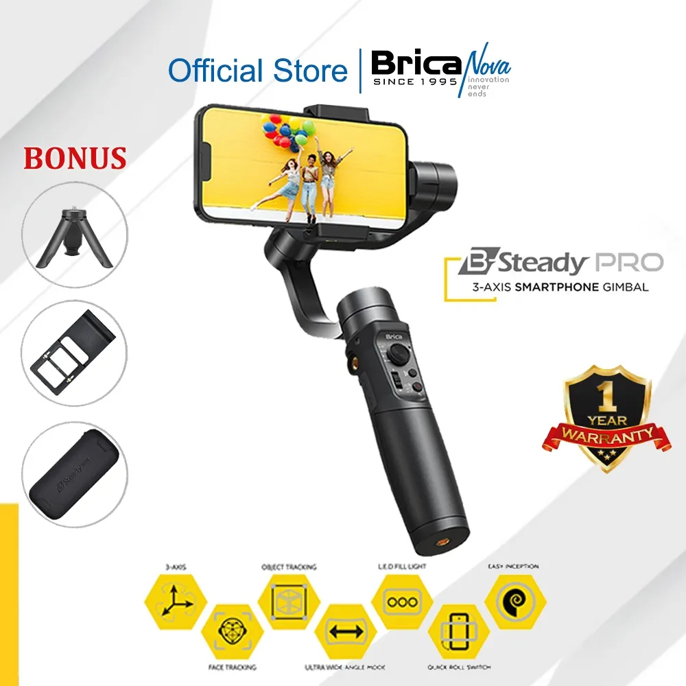 Brica B-Steady PRO - Brica B-Steady PRO - 3 Axis Smartphone  & Action Cam Gimbal - Black - BSP3