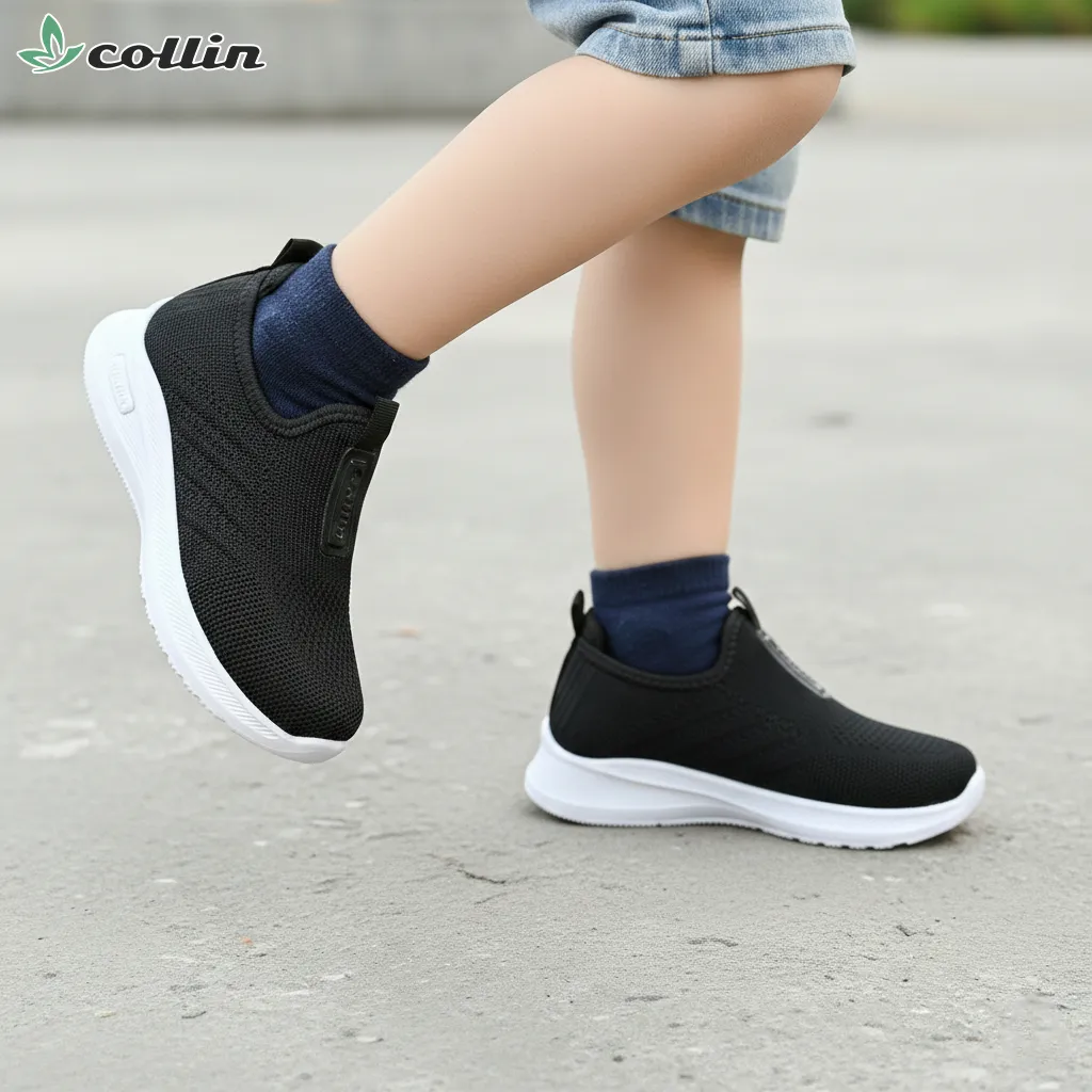 COLLIN Sepatu Anak SlipOn Rajut Hitam Polos Sol Putih Sekolah Kasual Santai Unisex Ringan TB333 K&T