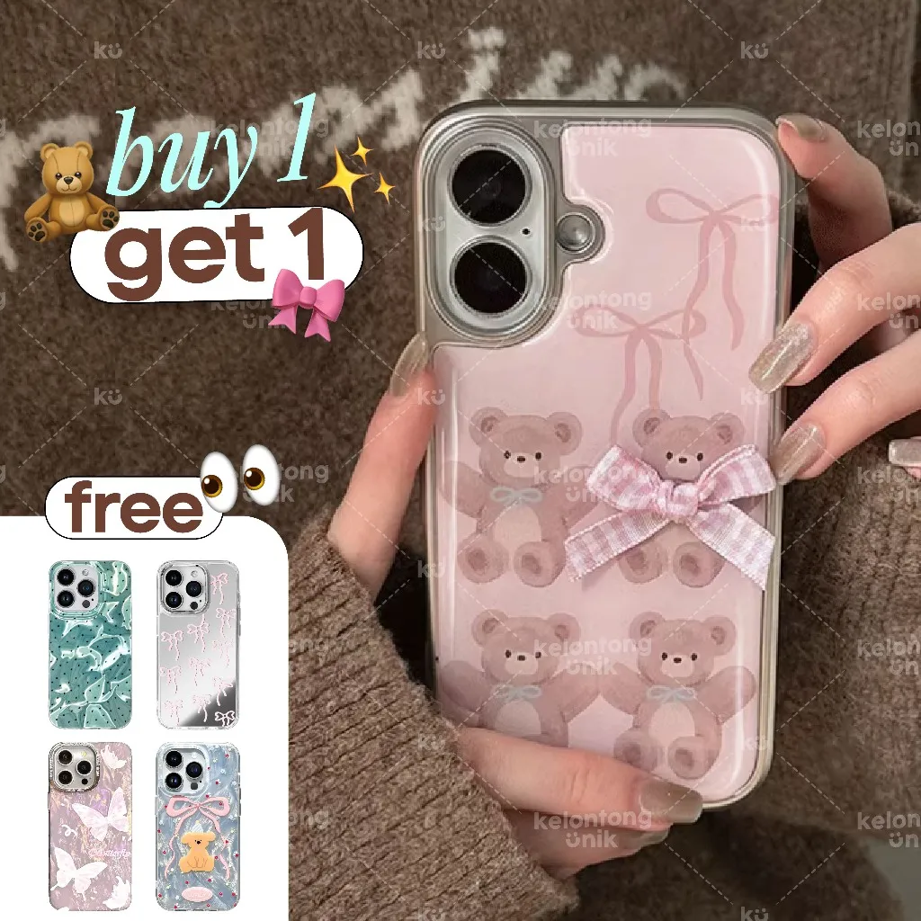 [BUY 1 GET 1] KELONTONG UNIK | Teddy Coquette Silver List Case - Hardcase/ Casing HP for iPhone 11 12 13 14 15 16 17 PRO PROMAX ,CIYE