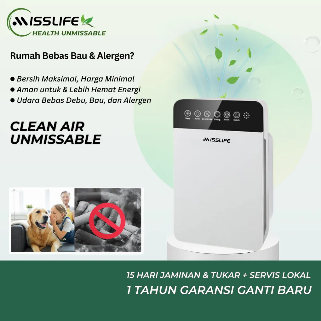 Miss Life Air Purifier Ruangan Bayi One Home Pembersih Udara Kamar Tidur dengan Filter HEPA , Anti PM2.5, Bau, Virus, Debu, Alergi, Asap, Pet Care, Filter Karbon Aktif, Penyaring Udara Kucing untuk Rumah & Kantor