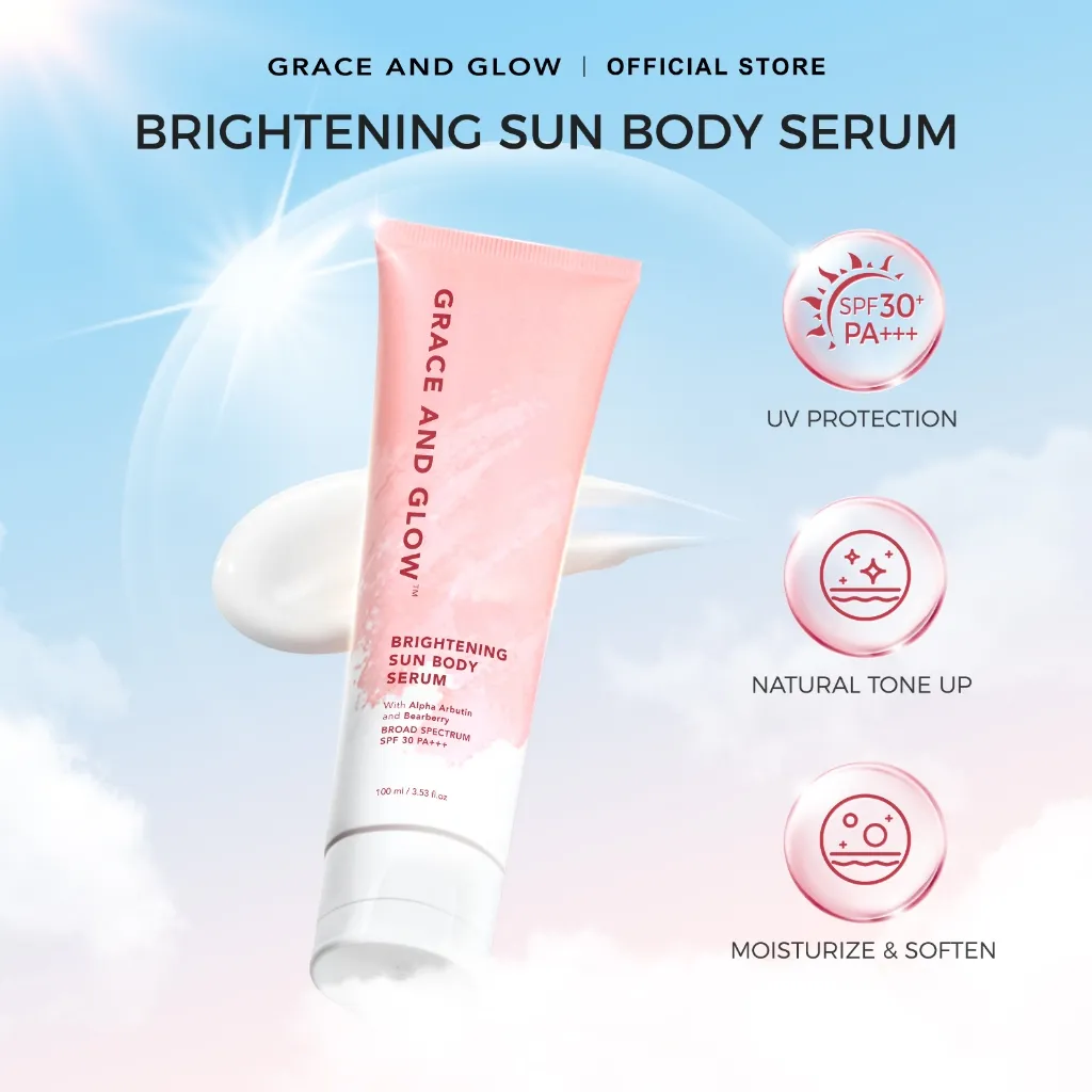 Grace and Glow Brightening Sun Body Serum Hand Body Lotion SPF 30 PA+++ | Body Sunscreen Sunblock Badan Anti UV with Arbutin + Bearberry | Lotion Tone Up Wangi Tahan Lama untuk Melembabkan Mencerahkan Kulit (Whitening & Moisturizing)