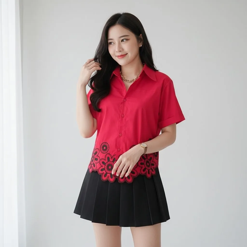 Rina Flower Basic Cotton Blouse | Atasan Kemeja Wanita Korean Style Basic Lengan Pendek