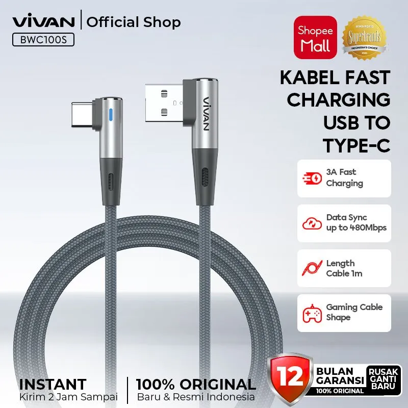 VIVAN Kabel Data Type C/Lightning/Micro USB Kabel Fast Charging Gaming Siku 2.4A/3A - 1M - Original - Garansi 1 Tahun - Seri BW BWC100S/BWL100S/BWM100S